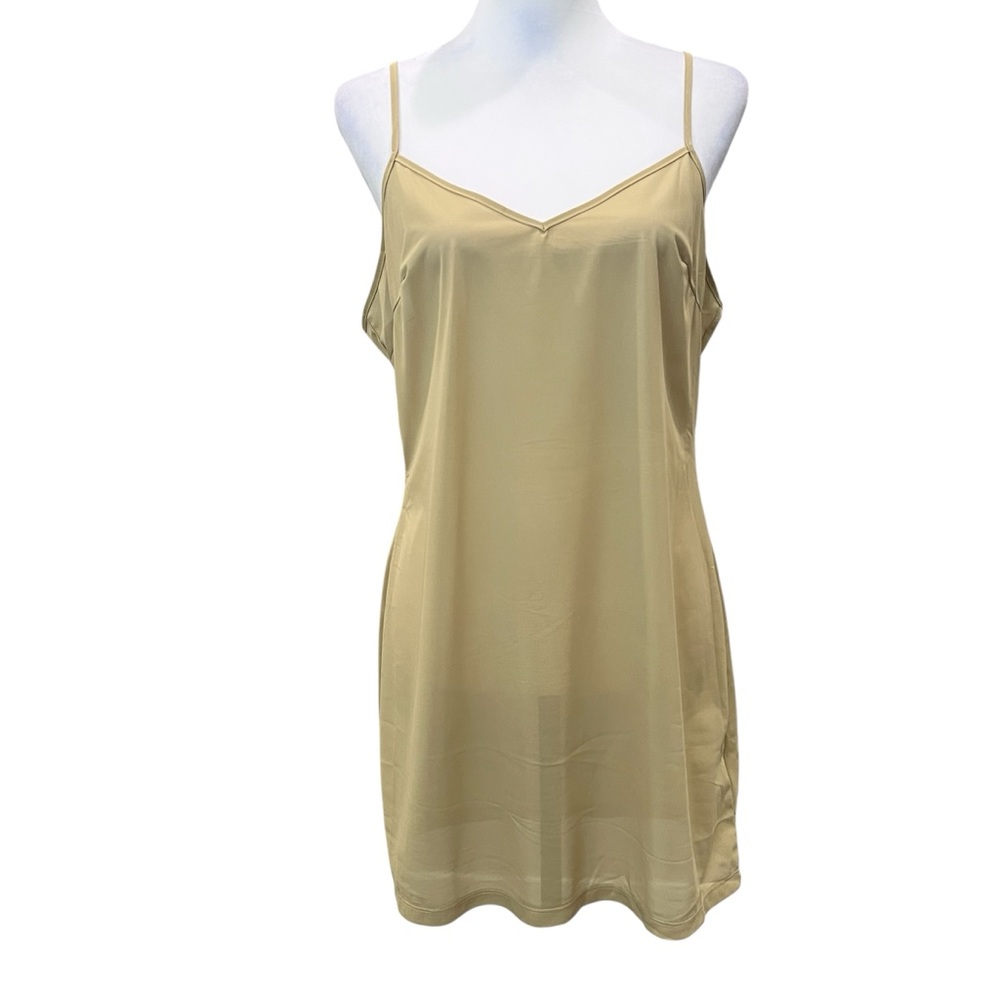 French Connection Satin Cami Tank Top V Neck Spaghetti Strap Olive Tan L NWOT